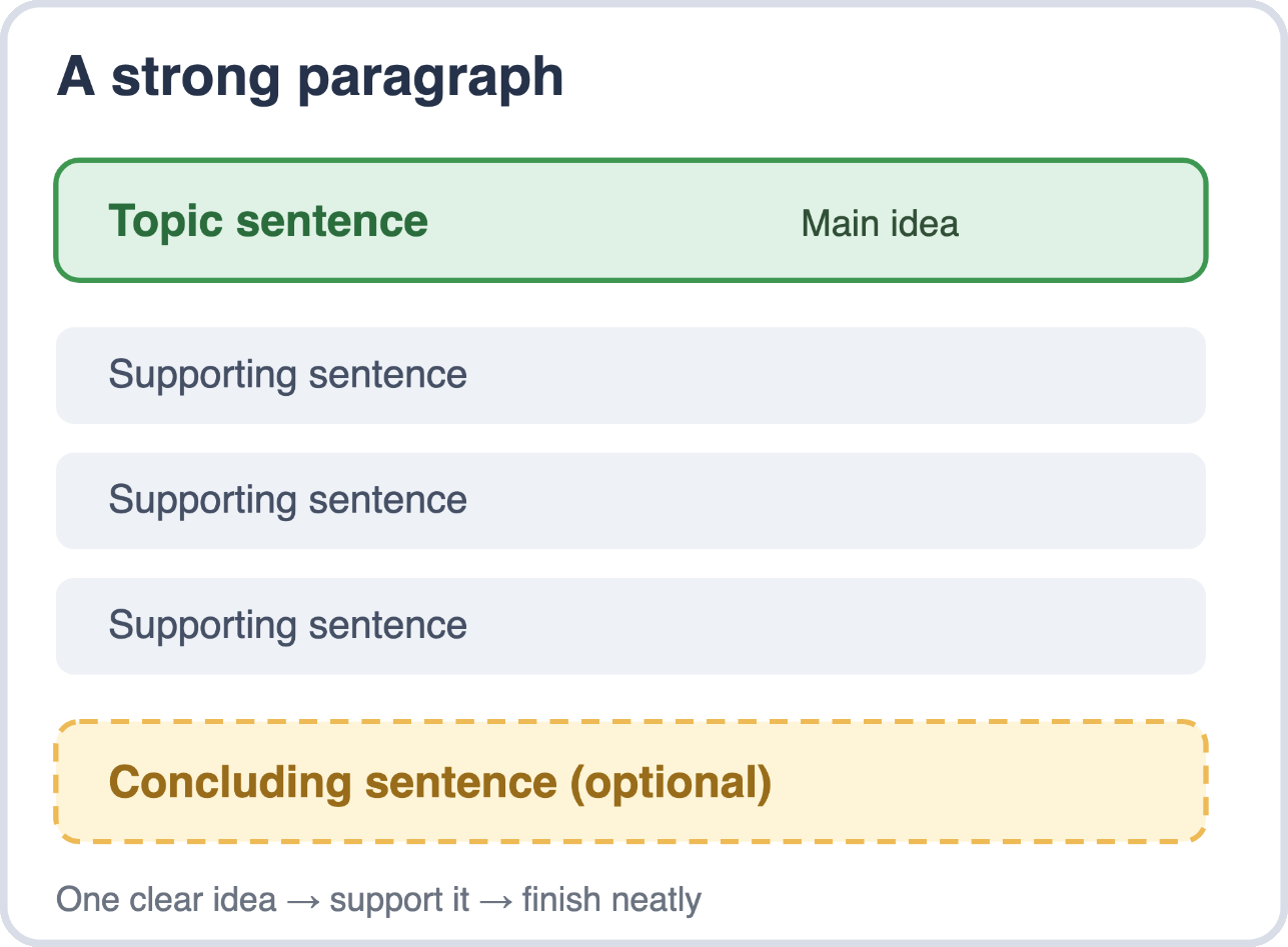 Illustration of a paragraph with a topic sentence, supporting sentences, and an optional concluding sentence
